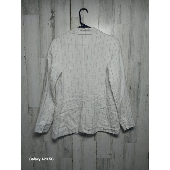 Isaac Mizrahi Women's Large Linen Blazer Cream Navy Pinstripes - Picture 5 of 7